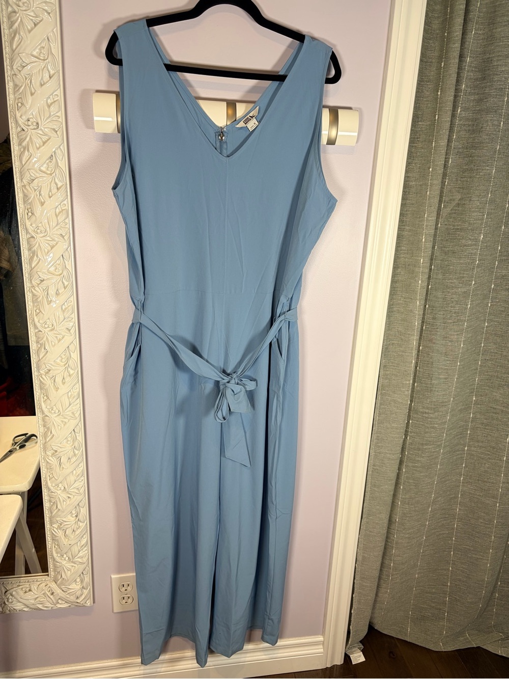 Eddie Bauer Dusty Blue Sleeveless V-Neck Sporty Outdoor Jumpsuit with Tie Waist